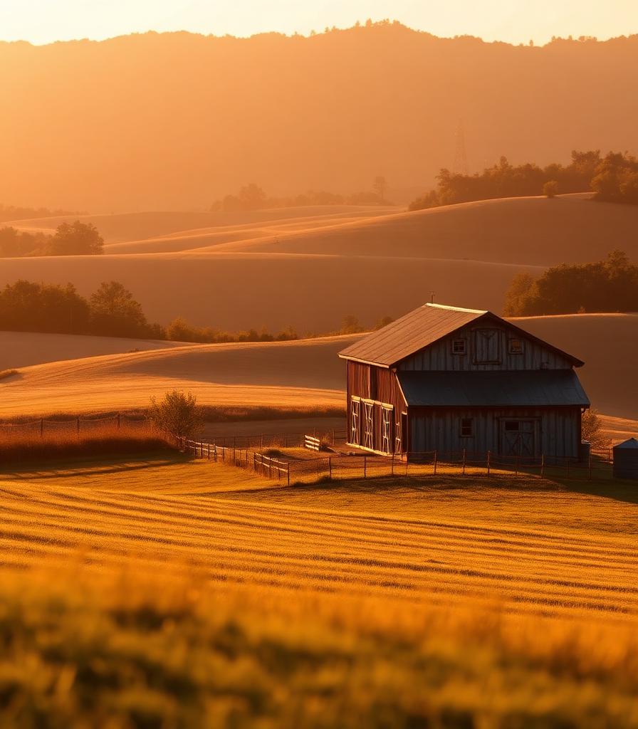 Working farm with fields and a barn in warm evening light