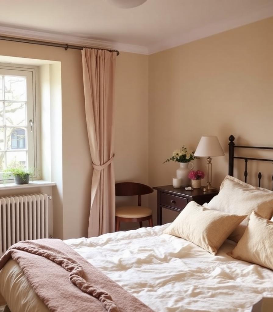 Cozy vacation rental bedroom with warm light and a view outside